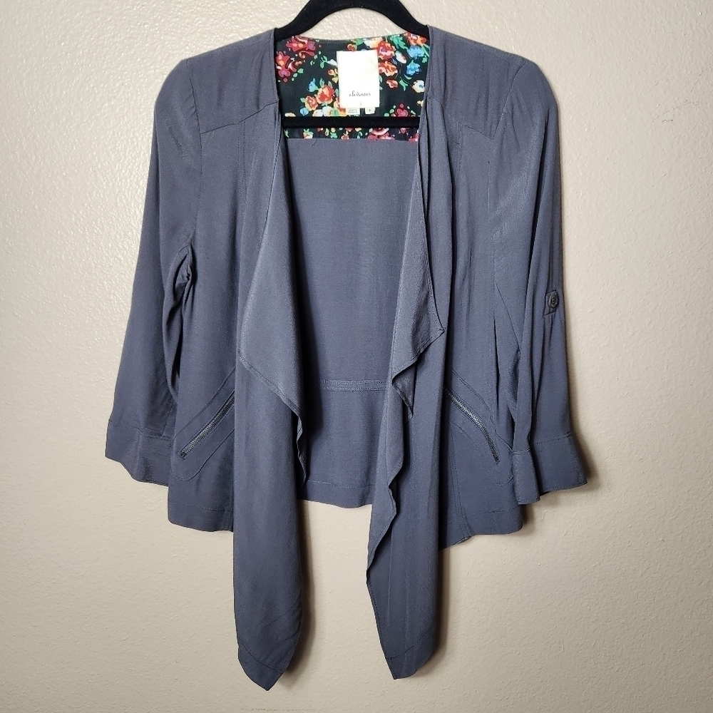 Anthropologie Elevenses Dark Gray Rayon Open Waterfall Moto Style Jacket-Size S